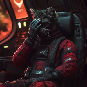 A humanoid cat character, sitting in a relaxed posture with one...