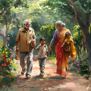Realistic image of grandparents and kids going for walk in beaut...