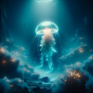 Cinematic film still. A bioluminescent jellyfish drifts through...
