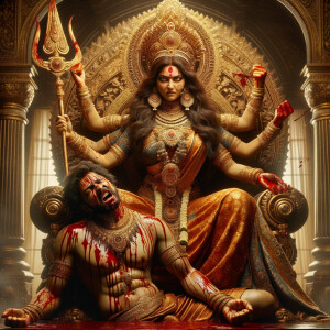 portrait of angry looking goddess durga, sitting on a gold crown and carrying a weak mahishasur on her lap and stabbing him with her amazingly designed trident. She is wearing gold armor, a huge gold crown, red saree, abundant gold jewelry, covered in blood. The scene is set in ancient India. The image is 8K resolution, cinematic, ultra detailed face and epic.