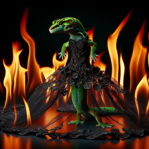 geccon in black dress stay in flame