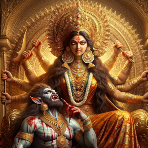 portrait of angry looking goddess durga sitting on a gold crown...