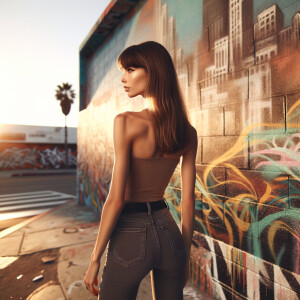 Athletic Thin skinny Attractive, Asian teenage girl, long brown hair and bangs, wearing tight skinny jeans and a halter top paint marks on her clothing, heroic pose Asian graffiti background, backside view