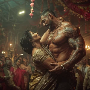 Realism,photo painting.a muscular beefy sweaty tattoed indian ma...