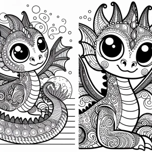 Create a coloring page design featuring a dragon with large eyes...