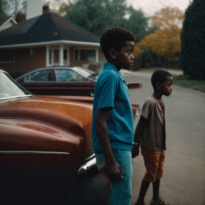 8 year dark skinned boy and his grandfather both are looking bac...