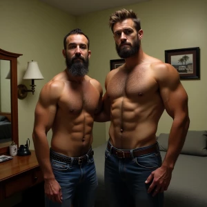 Create an image depicting a muscular, hairy trucker proudly show...