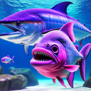 Purple lime piranha no teeth playing with a blue marlin