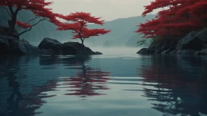 A minimalist zen scene with a single red Japanese maple leaf flo...