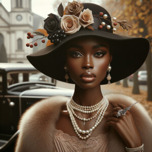 Create an image of a sophisticated woman with dark skin, wearing...