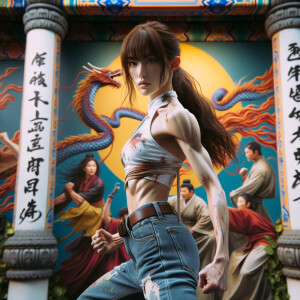 Athletic Thin skinny Attractive, Asian teenage girl, long brown hair and bangs, wearing tight skinny jeans and a halter top paint marks on her clothing, heroic pose Asian graffiti background, backside view