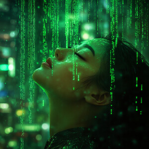 A close-up hyper-realistic image of a woman immersed in a futuri...