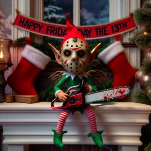 Elf on the shelf wearing a hockey mask and holding a chainsaw dr...