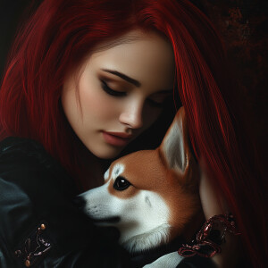 Create a realistic 4d image of a dark red brunette playing with...