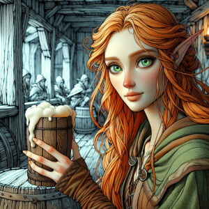 Elf female long orange hairs, green eyes, green clothes, beer wo...