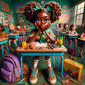 Sitting at her desk with crayons books pencils coloring books er...
