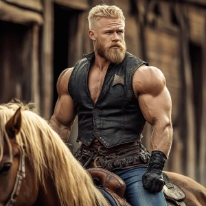 Wanted man muscle dirt blonde hair blonde beard wearing black chaps with blue jeans on a black leather vest. In the morning riding a horse with tan and brown. He is in a old fashion town.