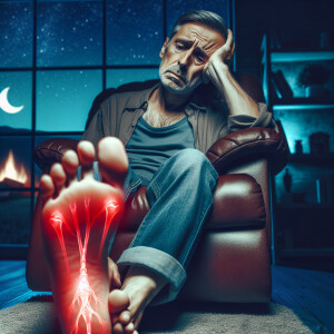 Create a realistic image of a man in his late 50s at home on his...