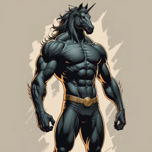 Create an illustration of the Black Stallion, the formidable archenemy of Unicorn Man, standing in full view. Depict him as a muscular and imposing superhero with a strong, authoritative stance. His striking costume should feature very little coverage showing most of his hairy toned body