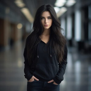 Capture the elegance of a fair-skinned woman with dark long hair...