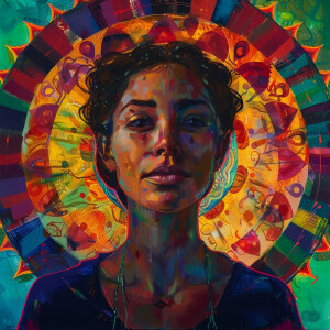 A straight-on portrait of a woman, with her features merging int...