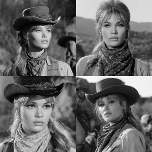 Brigitte bardot in a western movie, black and white, four Frames