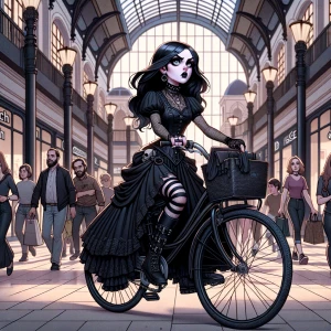 Gothic style woman who is riding a bike at the mall