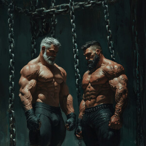 Two bodybuilders, one with gray hair and the other with black ha...