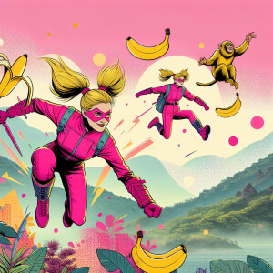 Comic book style blonde in pink unitard, pig tails.bananas as we...