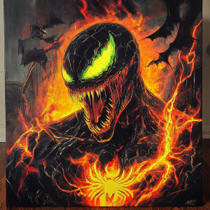 horror flame art,24k up close image of venom with dark neon tatt...