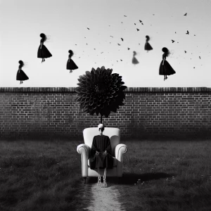 Melancholy black and white image. A big field with a brick fence...