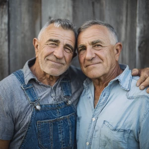 Two elderly bodybuilder men sharing a warm and affectionate embr...