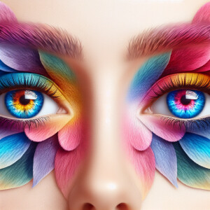 multicolored eyes, prominently featuring shades of blue, pink, a...