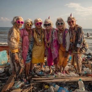 A group of stylish, middle-aged aunties, with radiant, sun-kisse...