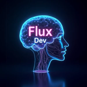 A futuristic and visually striking ["Flux Dev" text ] A futuristic, translucent AI head filled with glowing neural connections, flowing data streams, and holographic circuits. The text 'Flux Dev' is seamlessly integrated into the digital matrix of the AI’s mind. The background is dark and sleek, with neon-blue and purple accents, creating a high-tech, cybernetic aesthetic