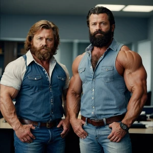bodybuilder men stand side by side. Both have thick, full beards...