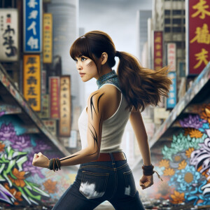 Attractive, Asian teenage girl, long brown hair and bangs, wearing tight skinny jeans and a halter top paint marks on her clothing, backside view heroic pose Asian graffiti