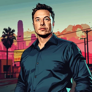 Elon Musk in GTA art style — Blue shirt — in the style of a Gran...