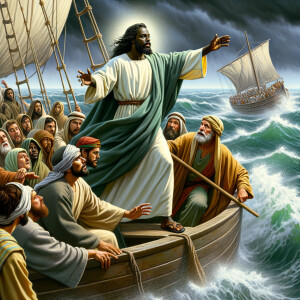 African-American Jesus telling Peter to come walk on the water,...