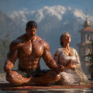 Hyperrealistic image..A man muscular beefy sweaty doinga yoga si...