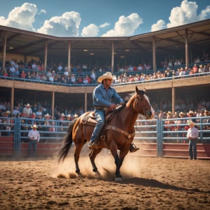 "Under the vast, open sky of Texas, a lively rodeo unfolds, aliv...
