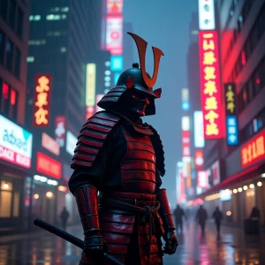 Amidst a neon-drenched cityscape, a lone samurai warrior stands...
