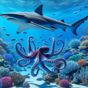 Realistic, Create a scene where a shark swims gracefully through...