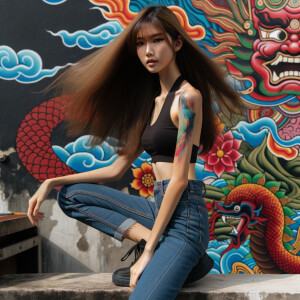 Very thin Athletic Thin skinny Attractive, Asian teenage girl, long brown hair and bangs, wearing tight skinny jeans and a halter top paint marks on her clothing, sitting side view heroic pose Asian graffiti