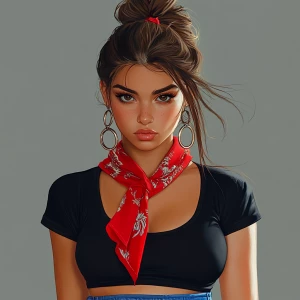 girl with brown hair, thick eyebrows, pumped up lips, potato nos...