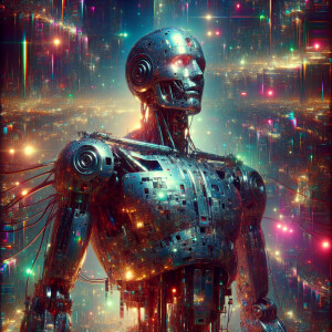 In the glitchy retro-futuristic dreamscape, flickering neon ligh...