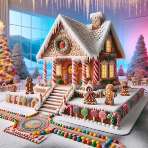 A lavishly decorated gingerbread house adorned with festive Chri...