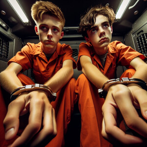 Two Caucasian males, aged 13 to 15, hands behind their back. The...