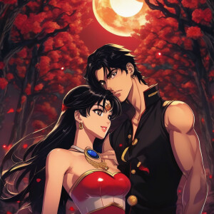 Ace D. portgas tall muscular young man with short black hair wear red bean necklace ; with female black hair long with bang and black eye in their 20s : romance pose like couple background with Ace’s fire moonlight in one piece art style