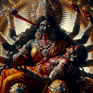 portrait of extremly angry looking goddess kali, black skinned, sitting on a gold crown and carrying a weak mahishasur on her lap and stabbing him with her amazing long red finger nails. She is wearing diamond armor, a huge diamond crown, red saree, abundant diamond jewelry, covered in blood. The scene is set in ancient India. The image is 8K resolution, cinematic, ultra detailed face and epic.